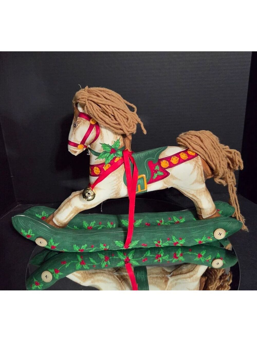 Vintage Fabric Rocking Horse Holiday Decoration with Yarn Mane and Jingle Bells